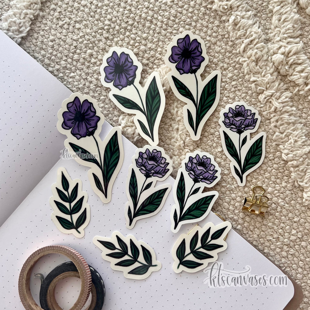 PURPLE Florals Sticker Pack (9 clear stickers included)