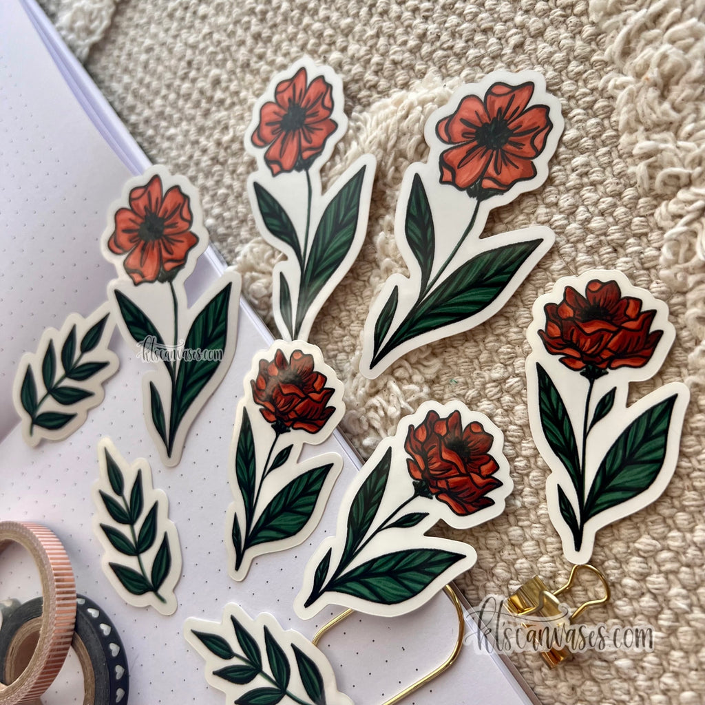 ORANGE/RED Florals Sticker Pack (9 clear stickers included)