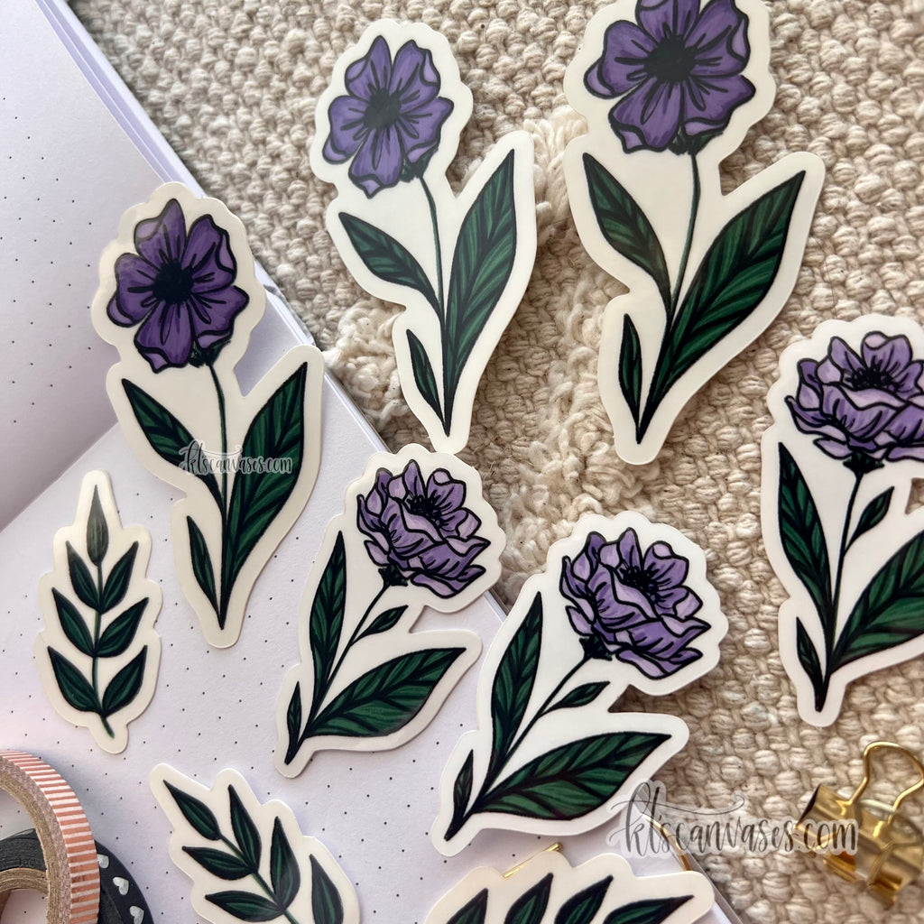 Ffe Sticker PURPLE Florals Sticker Pack (9 clear stickers included) – KT's Canvases