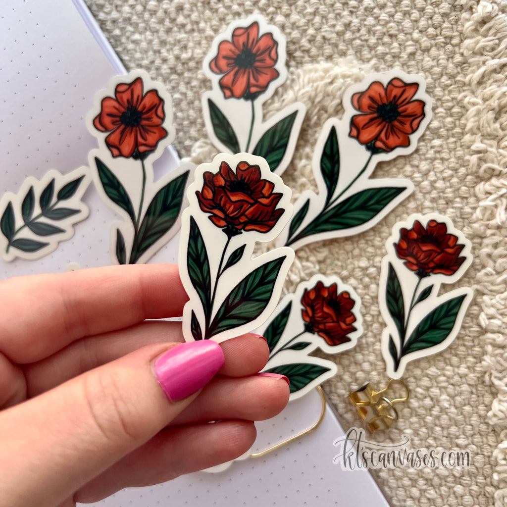 ORANGE/RED Florals Sticker Pack (9 clear stickers included)