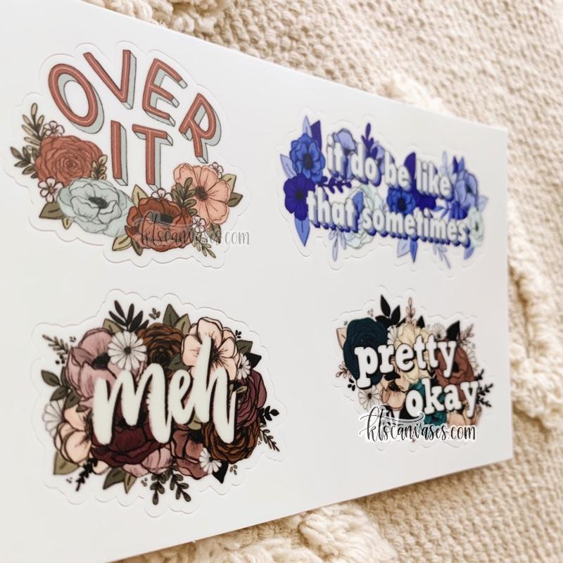 Over It Relatable Phrase Set of 4 Mini Stickers (1 sheet)