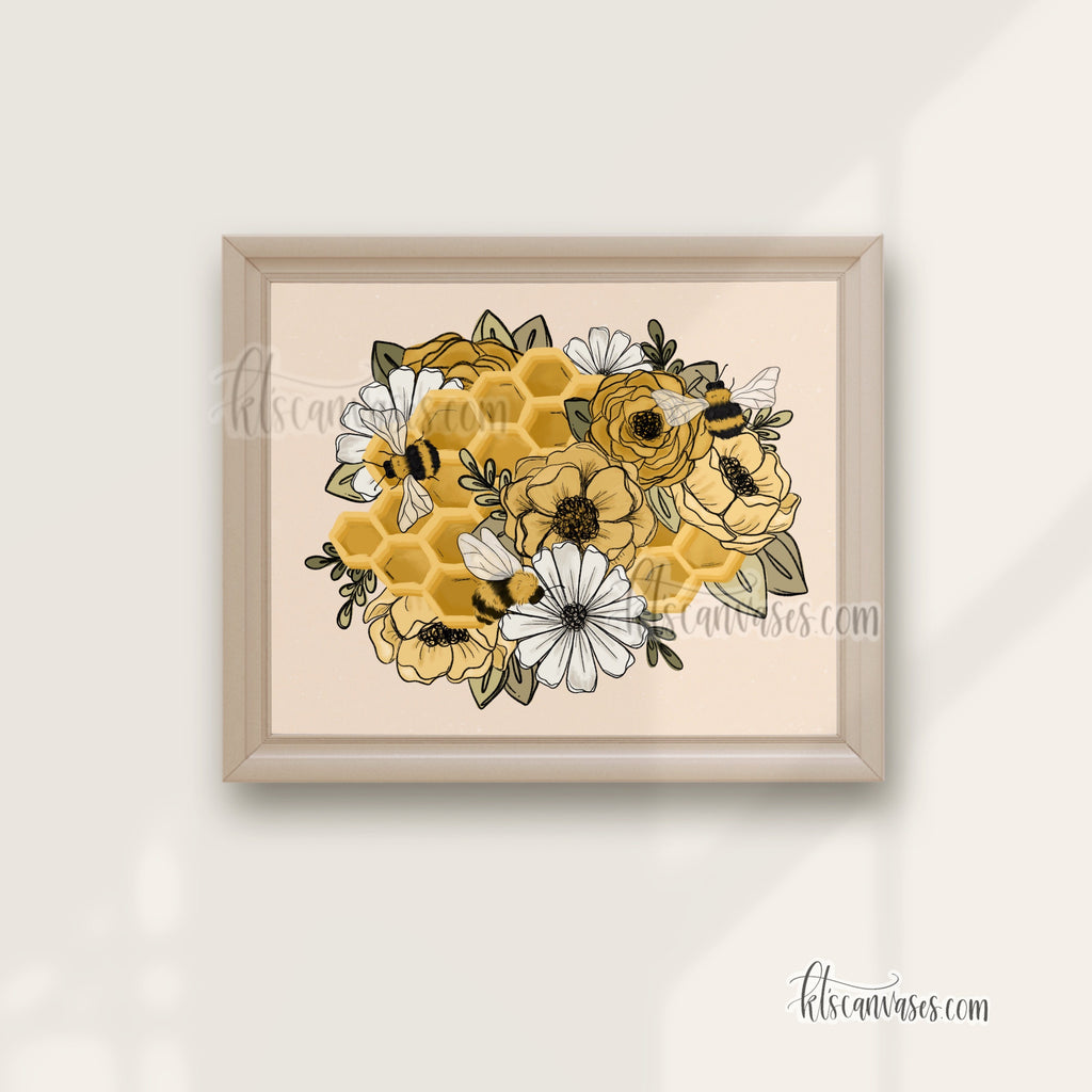 Floral Honeycomb Bees Art Print