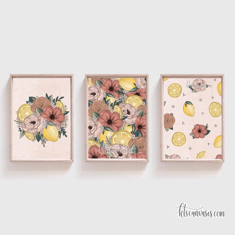 Lemon Floral Art Print Set of 3