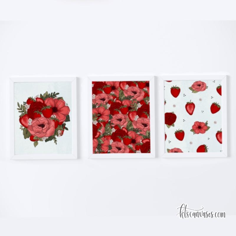 Strawberry Floral Art Print Set 3 Canvases – KT\'s of