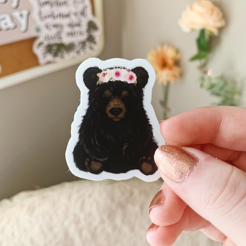 Mini Floral Crown Black Bear Sticker