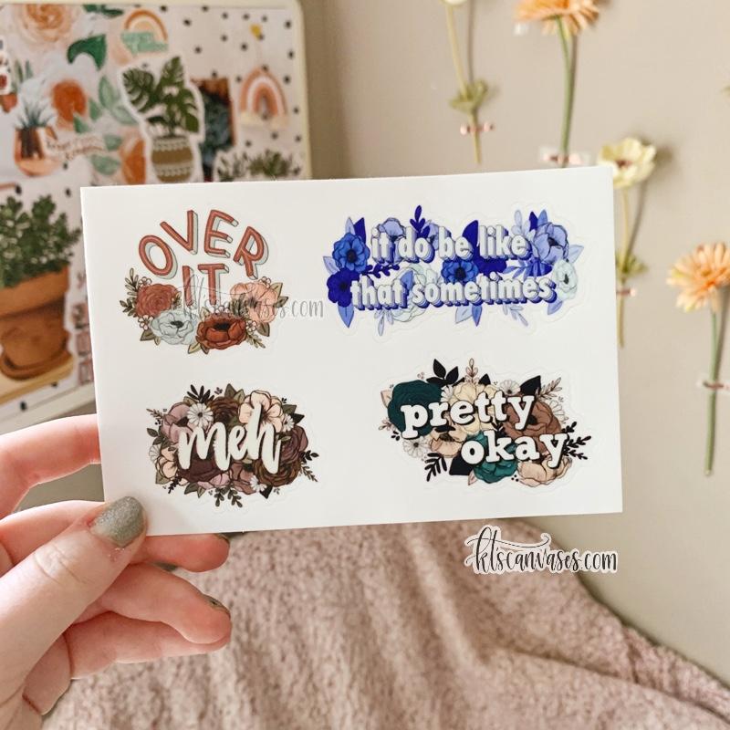 Over It Relatable Phrase Set of 4 Mini Stickers (1 sheet)