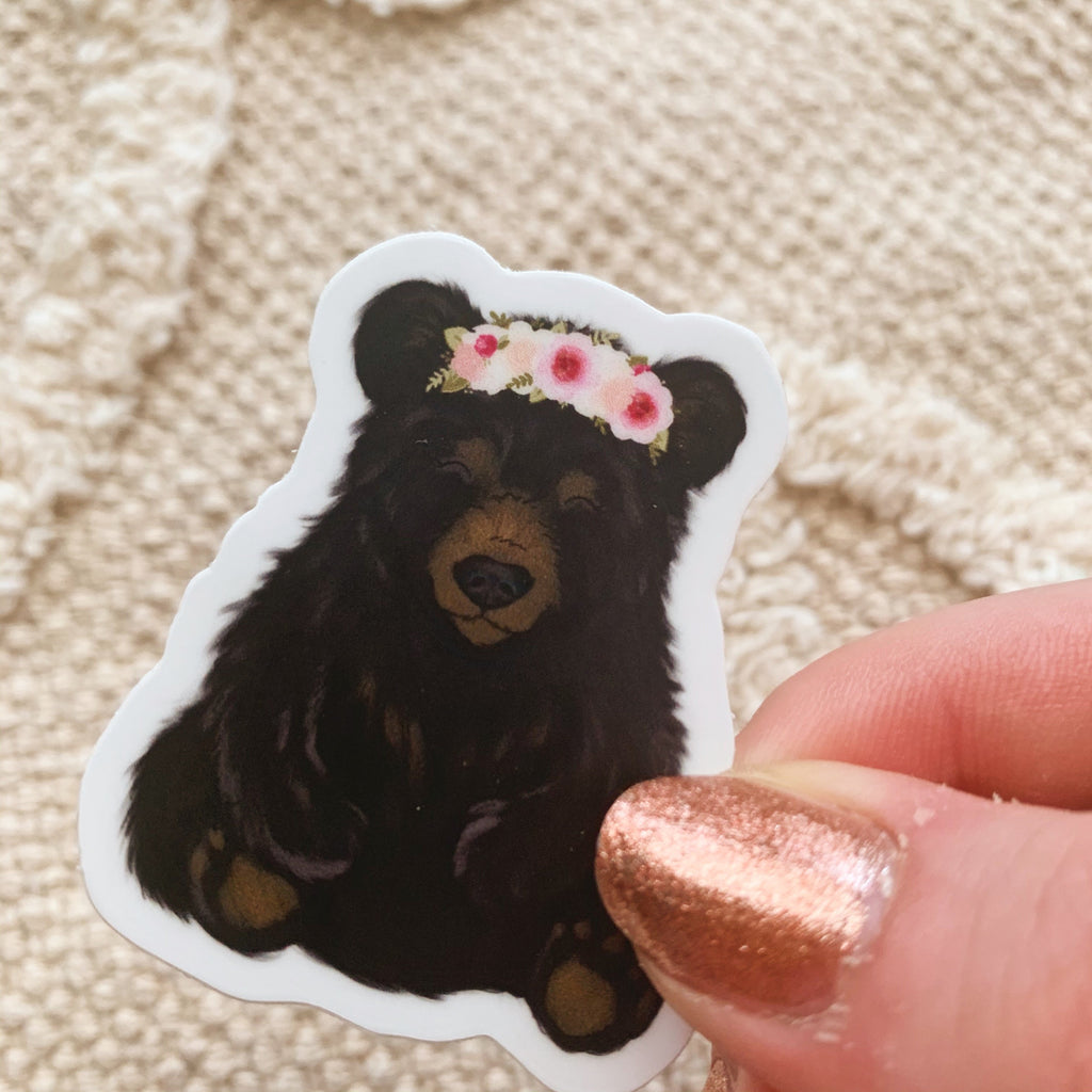 Mini Floral Crown Black Bear Sticker