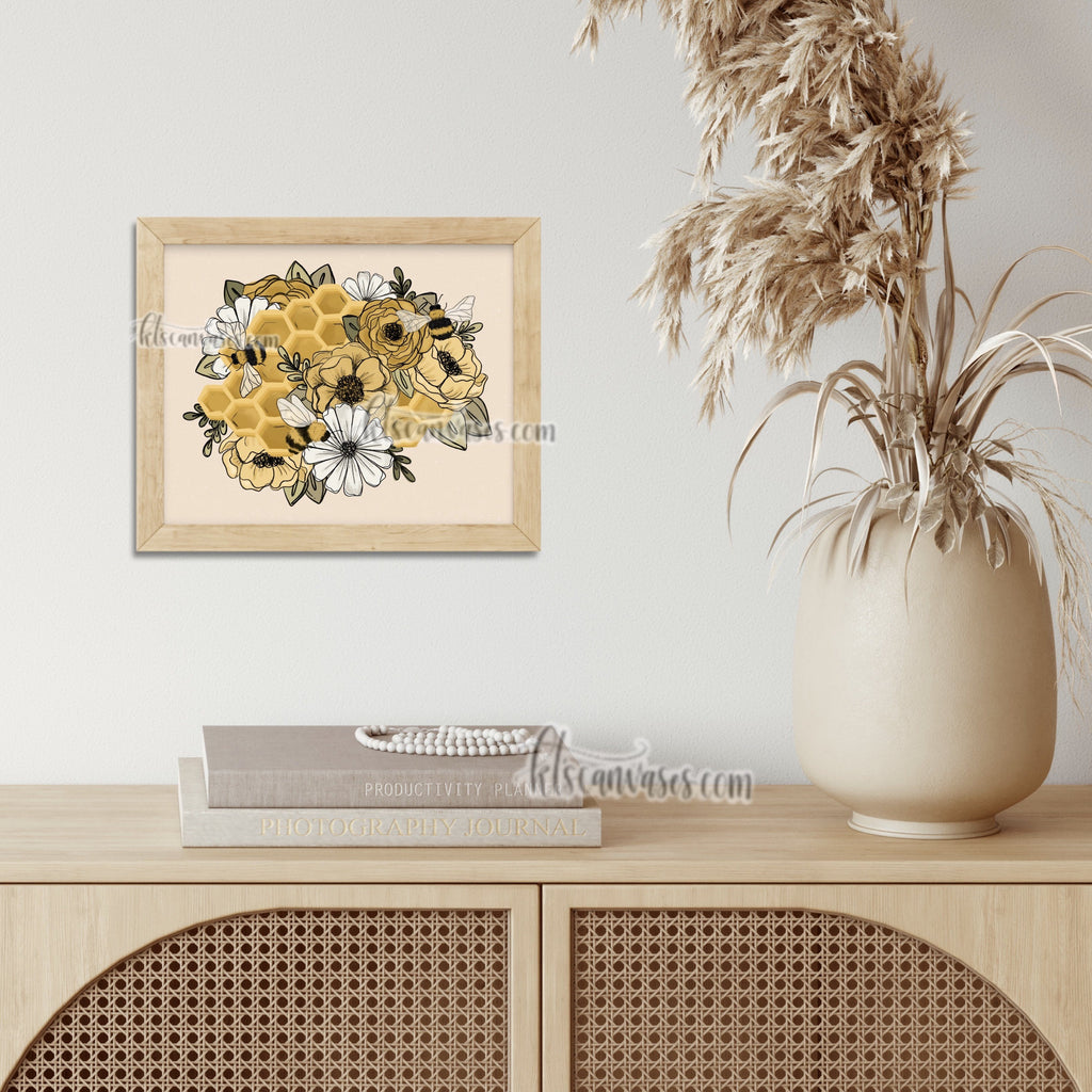 Floral Honeycomb Bees Art Print