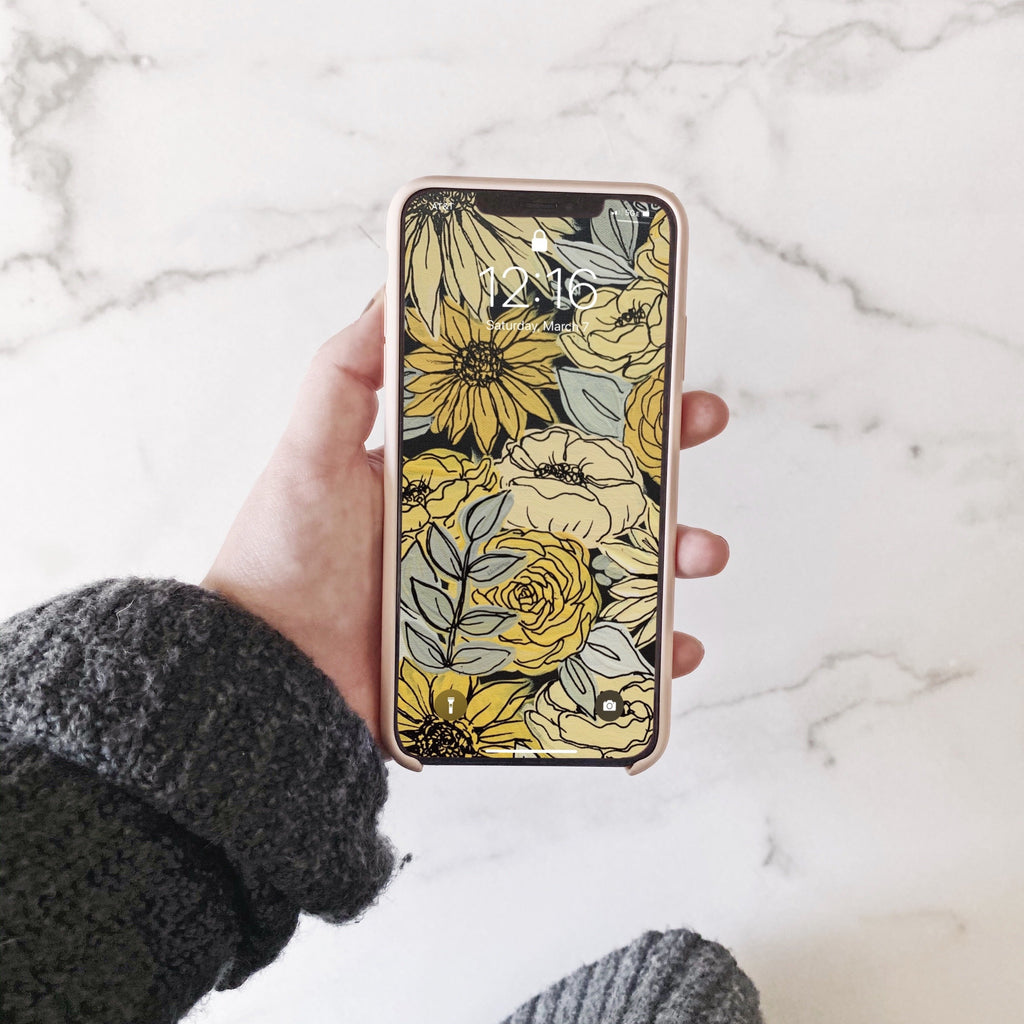 Black Outlined Yellow Painted Florals Phone Wallpaper (Digital Download)