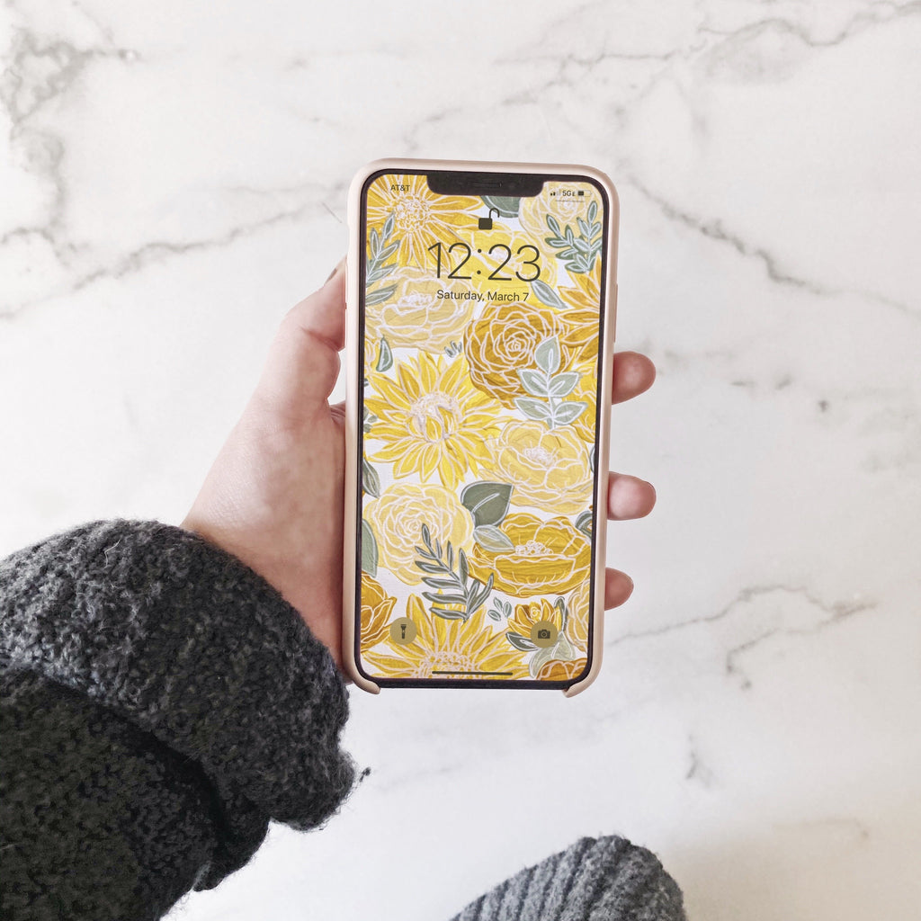 White Outlined Yellow Painted Florals Phone Wallpaper (Digital Download)