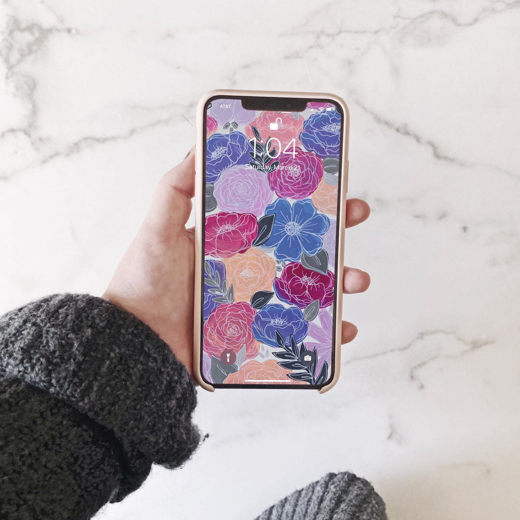 White Outlined Fun Florals Phone Wallpaper (Digital Download)