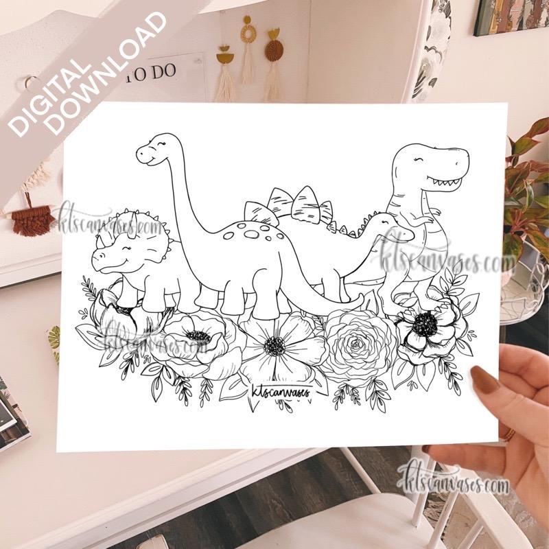 Digital Download Dinosaur Florals Coloring Page JPEG