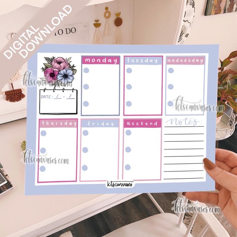 Digital Download Pink + Blue Floral Weekly Tracker Page