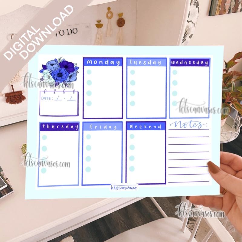 Digital Download Blue Floral Weekly Tracker Page