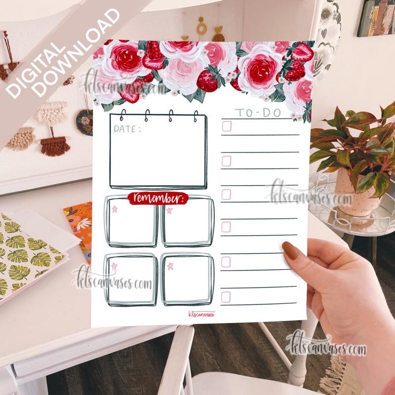 Digital Download Strawberry Floral Weekly Tracker Page