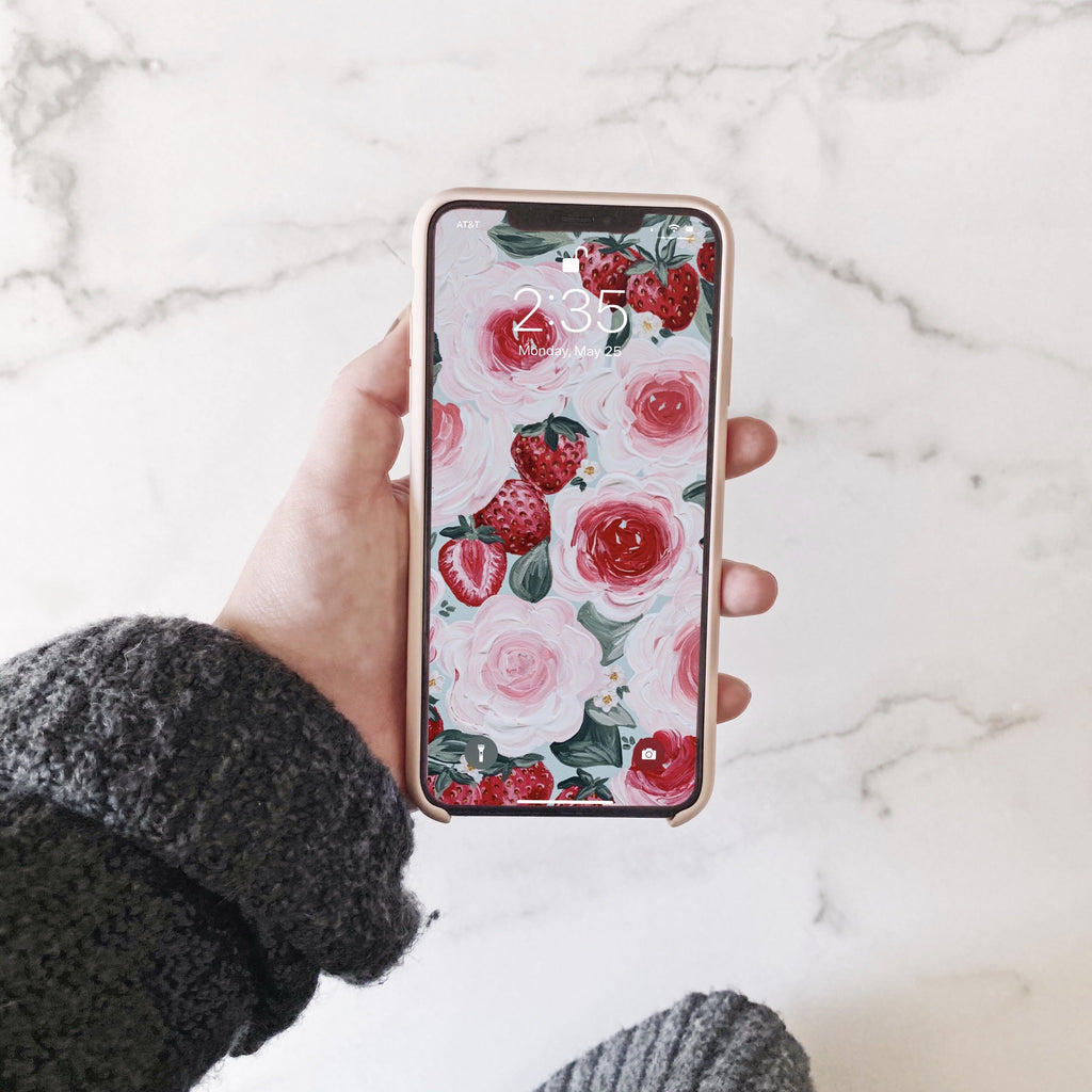 Strawberries + Florals Phone Wallpaper (Digital Download)