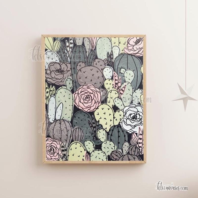 Black Outlined Cactus Florals Art Print