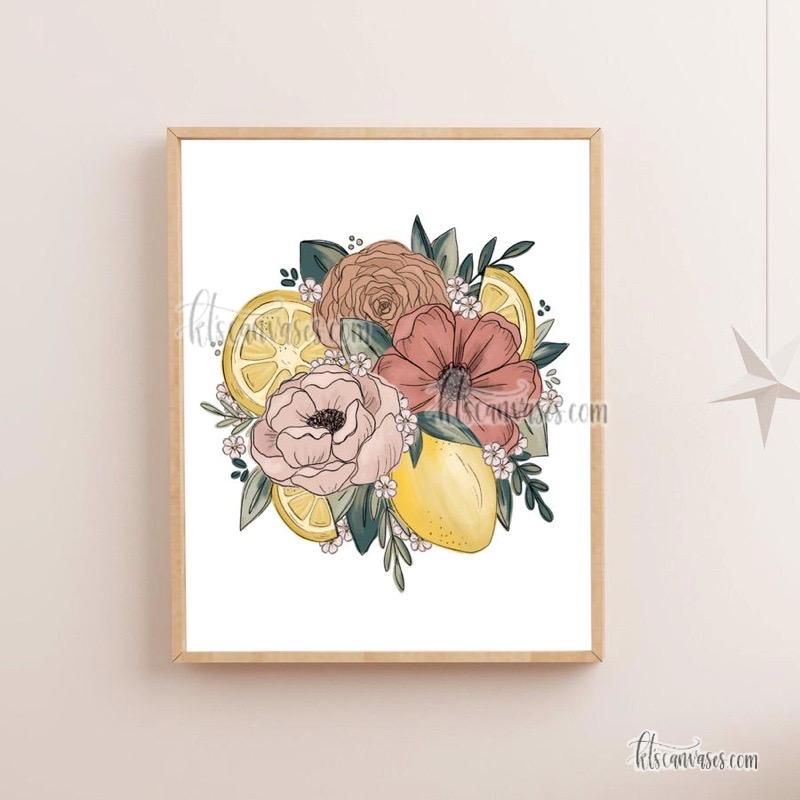 Lemon Outlined Florals Art Print