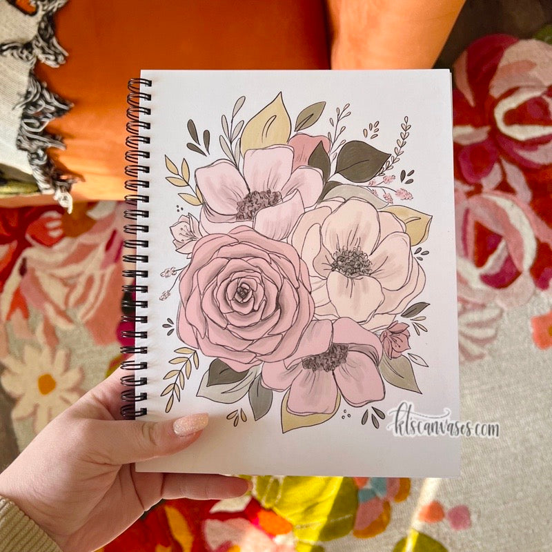 Pink Sketched Floral 7 x 9 in. Spiral DOT GRID Notebook