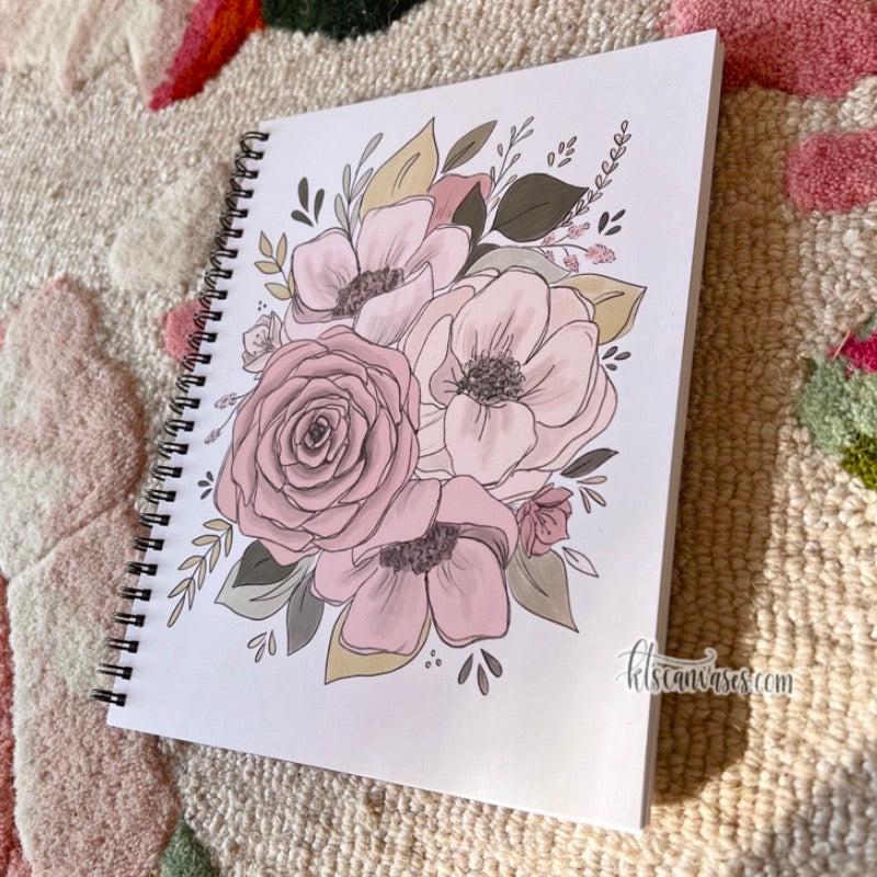 Pink Sketched Floral 7 x 9 in. Spiral DOT GRID Notebook