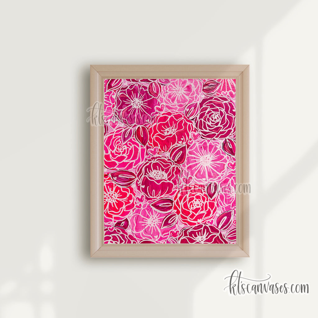 Hot Pink Heart Florals Art Print