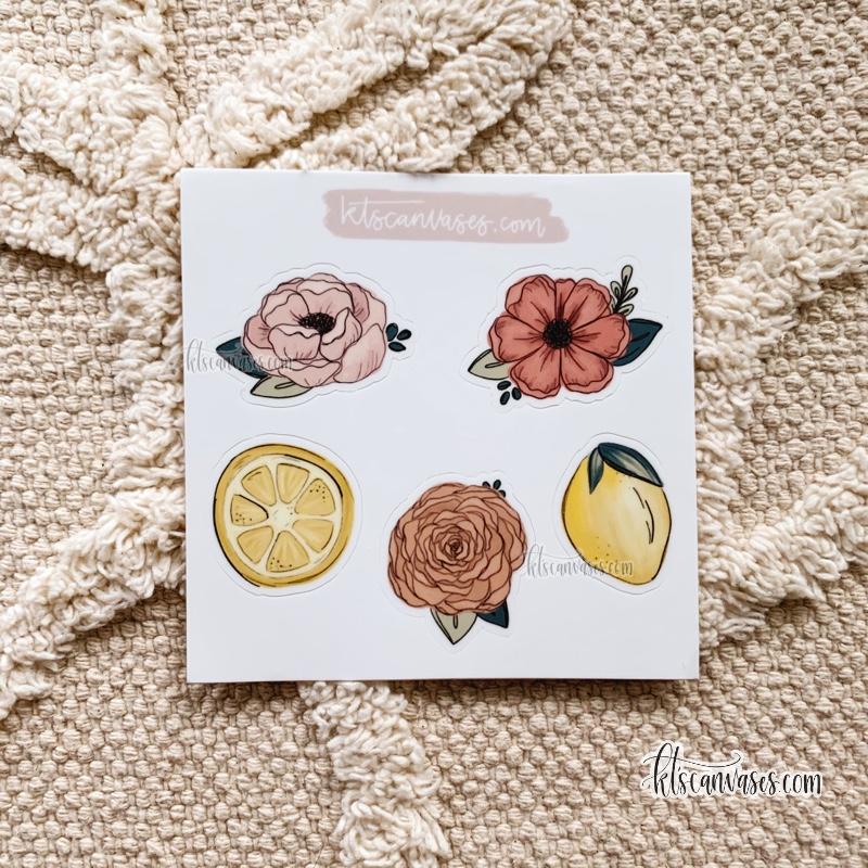 Lemon Florals Set of 5 Mini Stickers (1 sheet)