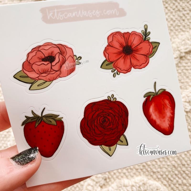 Strawberry Florals Set of 5 Mini Stickers (1 sheet)