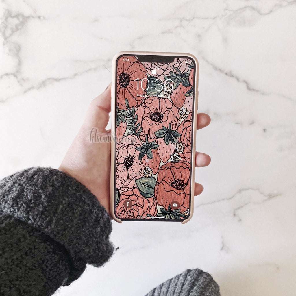 Floral Strawberries Phone Wallpaper (Digital Download)