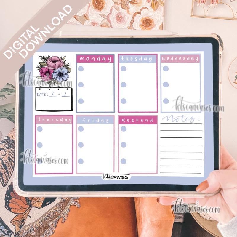 Digital Download Pink/Blue Floral Weekly Tracker Set of 4 Pages